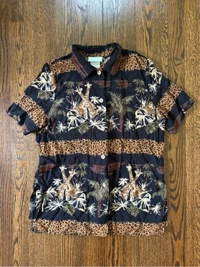Vintage 220 Hickory Safari Shirt Giraffe Leopard Print Button Up Made in USA S